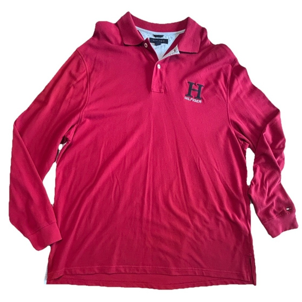 VINTAGE Tommy Hilfiger Long Sleeve Polo Shirt Adult 2XL Y2K Mens Red Big Logo